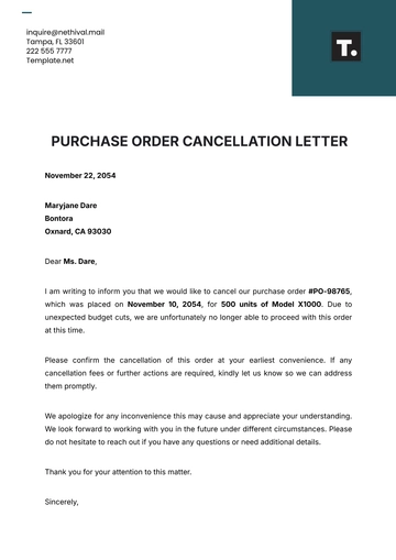 Free Purchase Order Cancellation Letter Template to Edit Online