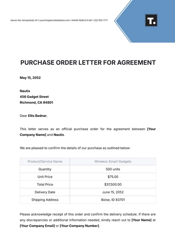 Free Purchase Order Letter for Agreement Template to Edit Online