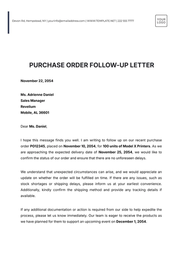 Free Purchase Order Follow-up Letter Template to Edit Online