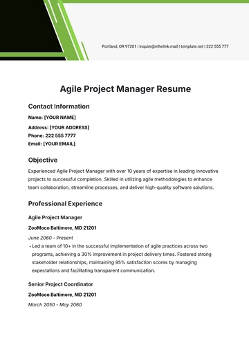 Free Agile Project Manager Resume Template to Edit Online