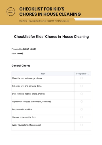 Free Checklist for Kids??? Chores in  House Cleaning Template to Edit Online