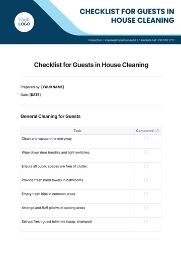 Free Checklist for Guests in House Cleaning Template to Edit Online