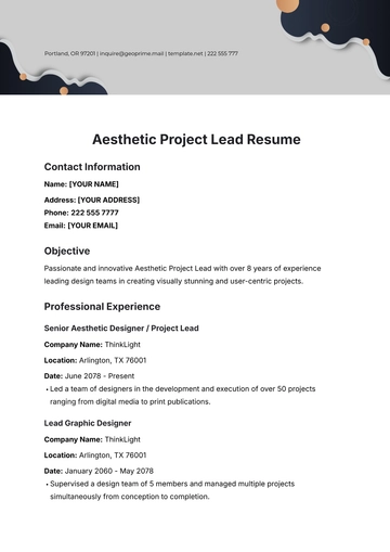 Free Aesthetic Project Lead Resume Template to Edit Online