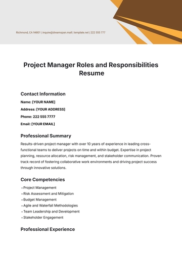 Free Project Manager Roles and Responsibilities Resume Template to Edit Online