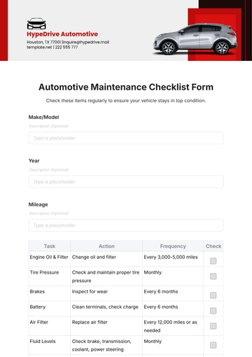 Free Automotive Maintenance Checklist Form Template to Edit Online