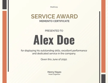 Free Service Award Memento Certificate Template to Edit Online
