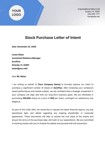 Free Stock Purchase Letter of Intent Template to Edit Online