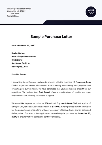 Free Sample Purchase Letter Template to Edit Online
