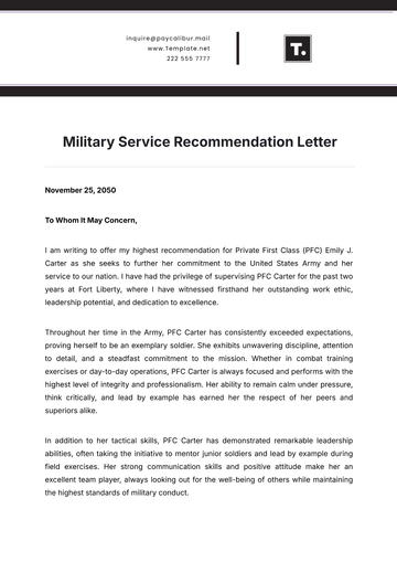 Free Military Service Recommendation Letter Template to Edit Online