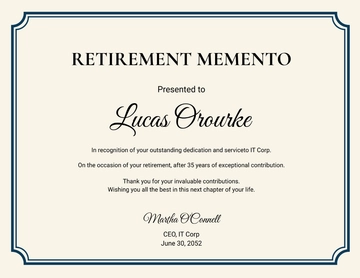 Free Retirement Memento Certificate Template to Edit Online