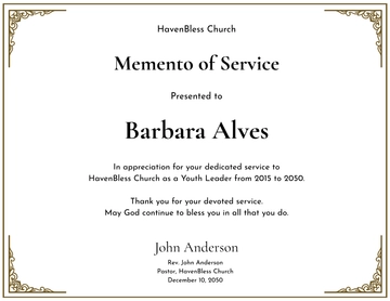Free Church Service Memento Certificate Template to Edit Online