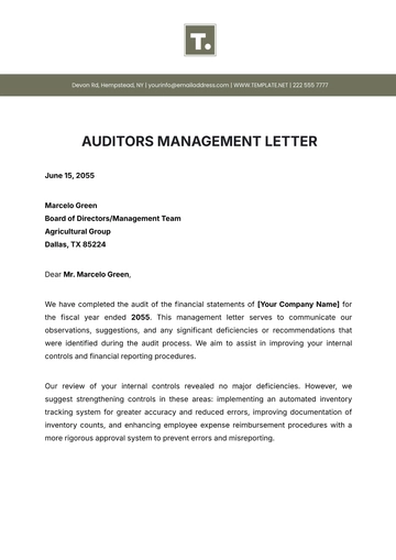 Free Auditor???s Management Letter Template to Edit Online