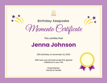 Free Birthday Keepsake Memento Certificate Template to Edit Online