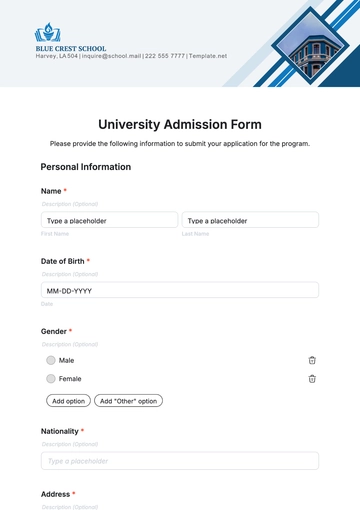 Free University Admission Form Template to Edit Online