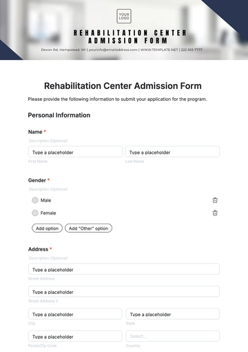 Free Rehabilitation Center Admission Form Template to Edit Online