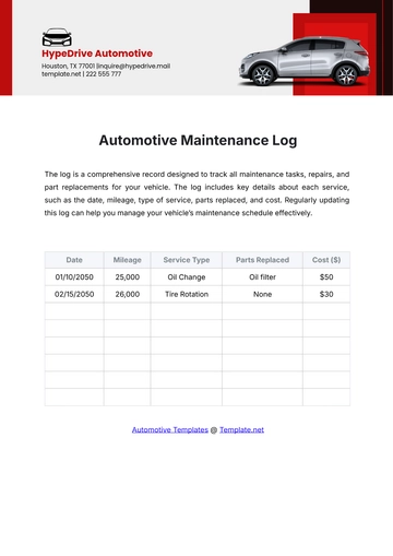 Free Automotive Maintenance Log Template to Edit Online