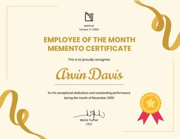 Free Employee of the Month Memento Certificate Template to Edit Online