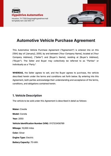 Free Automotive Vehicle Purchase Agreement Template to Edit Online