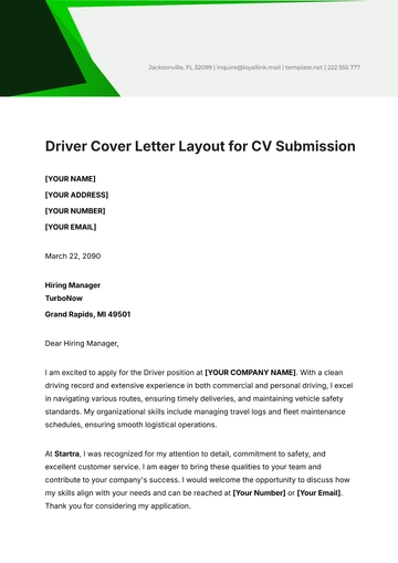 Free Driver Cover Letter Layout for CV Submission Template to Edit Online