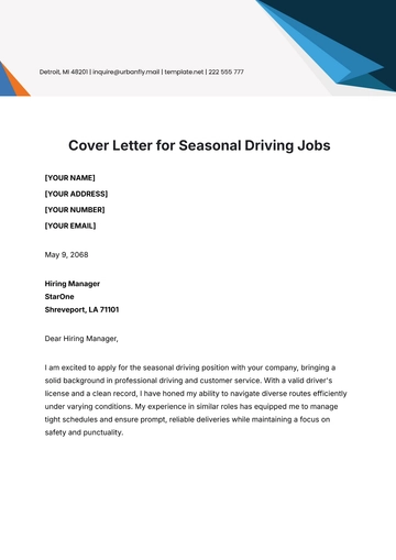 Free Cover Letter for Seasonal Driving Jobs Template to Edit Online