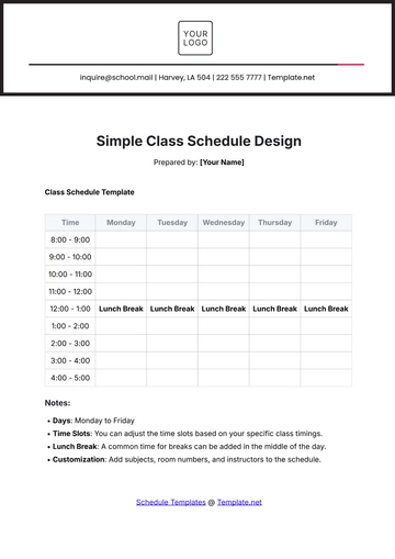 Free Simple Class Schedule Design Template to Edit Online