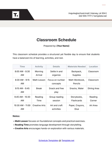 Free Template for Classroom Schedule to Edit Online
