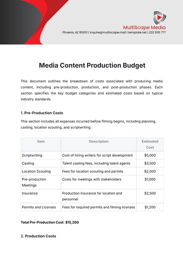 Free Media Content Production Budget Template to Edit Online