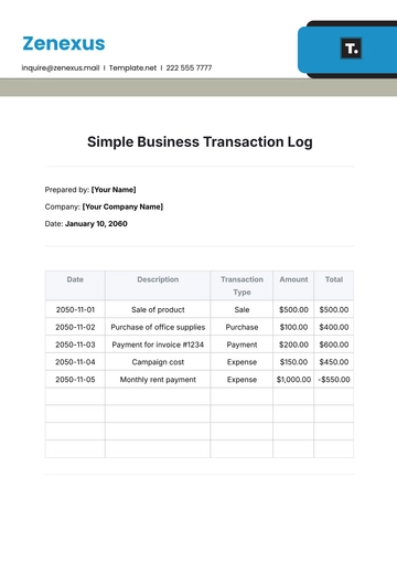 Free Simple Business Transaction Log Template to Edit Online