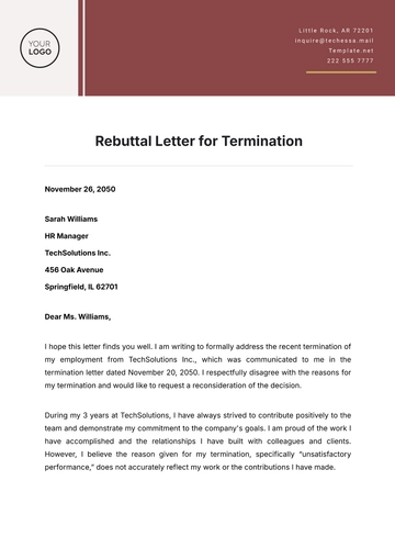 Free Rebuttal Letter for Termination Template to Edit Online