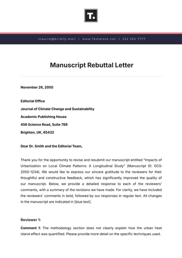 Free Manuscript Rebuttal Letter Template to Edit Online