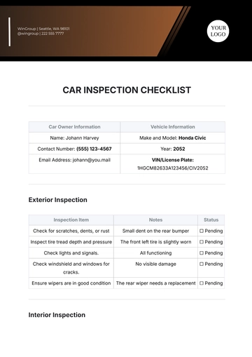 Free Car Inspection Checklist Template to Edit Online