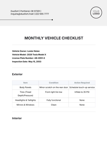 Free Monthly Vehicle Checklist Template to Edit Online