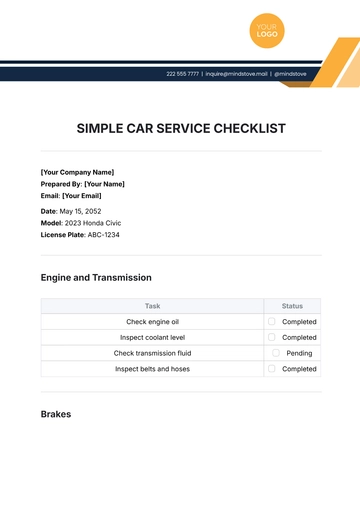 Free Simple Car Service Checklist Template to Edit Online
