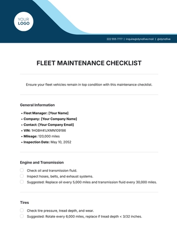 Free Fleet Maintenance Checklist Template to Edit Online