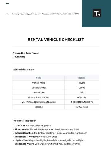 Free Rental Vehicle Checklist Template to Edit Online