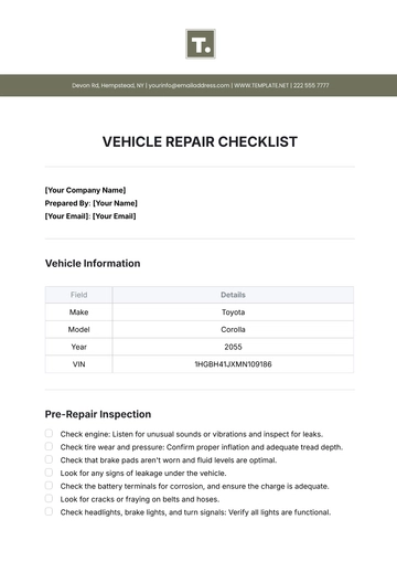 Free Vehicle Repair Checklist Template to Edit Online