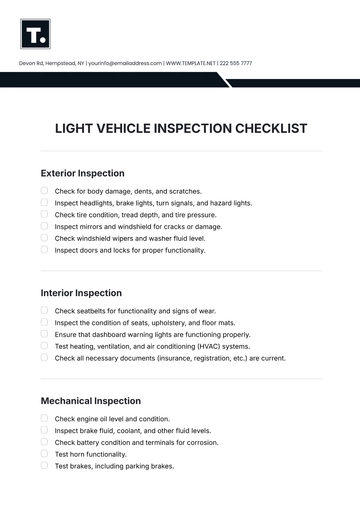 Free Light Vehicle Inspection Checklist Template to Edit Online