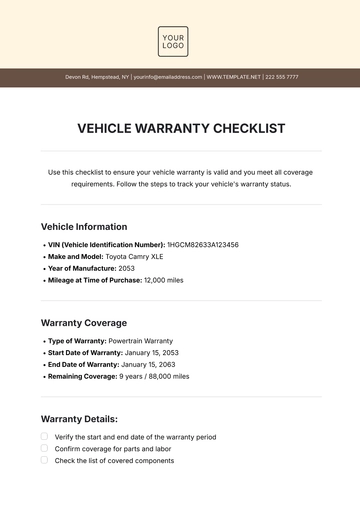 Free Vehicle Warranty Checklist Template to Edit Online