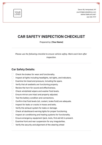 Free Car Safety Inspection Checklist Template to Edit Online
