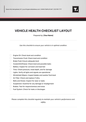 Free Vehicle Health Checklist Layout Template to Edit Online