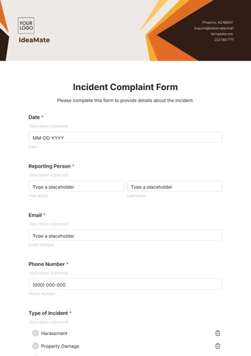 Free Incident Complaint Form Template to Edit Online