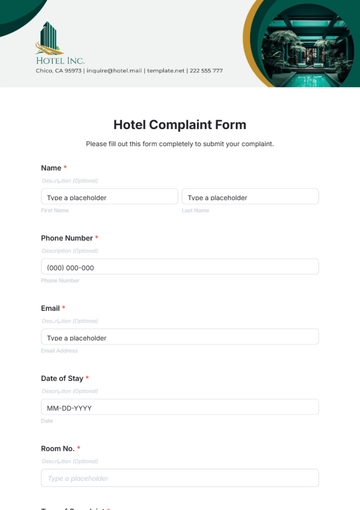 Free Hotel Complaint Form Template to Edit Online