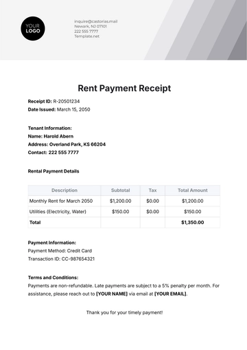 Free Rent Payment Receipt Template to Edit Online