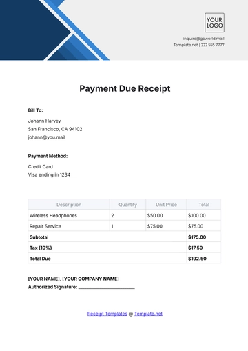 Free Payment Due Receipt Template to Edit Online