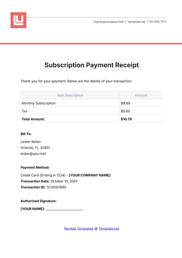 Free Subscription Payment Receipt Template to Edit Online
