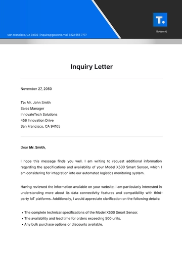 Free Inquiry Letter Template to Edit Online