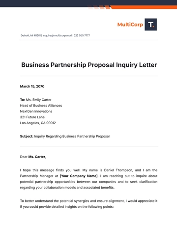 Free Business Partnership Proposal Inquiry Letter Template to Edit Online