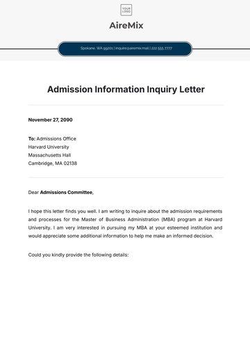 Free Admission Information Inquiry Letter Template to Edit Online