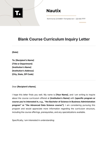 Free Blank Course Curriculum Inquiry Letter Template to Edit Online