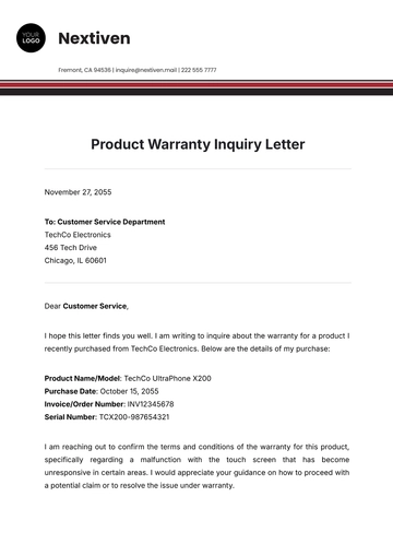 Free Product Warranty Inquiry Letter Template to Edit Online